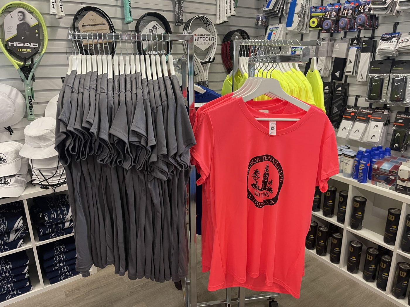 Apparel racks and demo rackets in the HJK pro shop